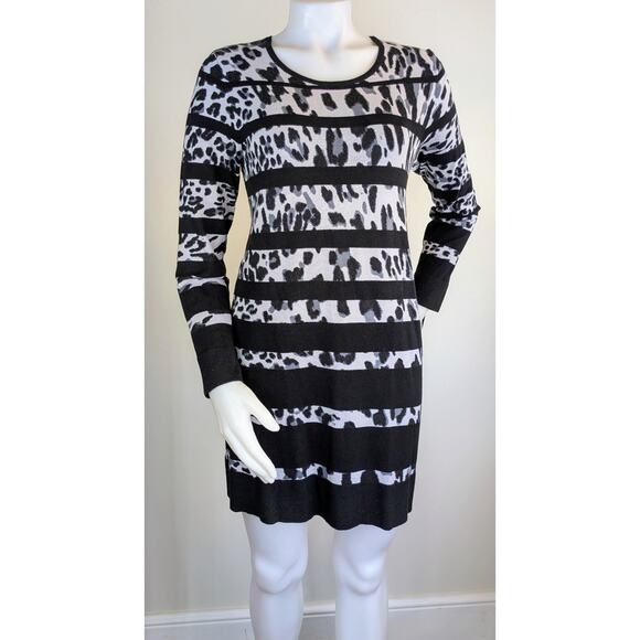 NEW Alfani Minidress Medium Black White Leopard Print Black Stripe Jersey Knit - Picture 4 of 8